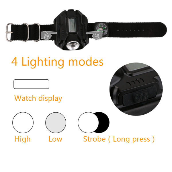 LED watch flashlight flashlight portable light USB charging 4 mode light tactical flashlight time display with compass - Image 6