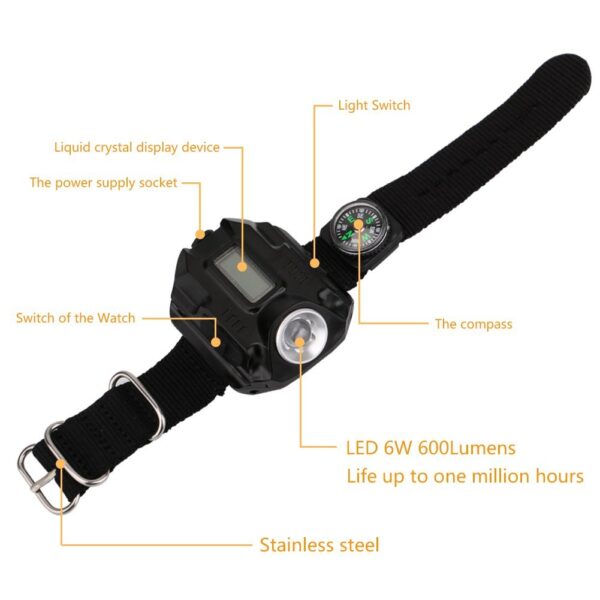 LED watch flashlight flashlight portable light USB charging 4 mode light tactical flashlight time display with compass - Image 5